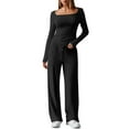 thumbnail image 2 of Two Piece Sets for Women Trendy with Pockets Square Neck Long Sleeve Solid Color Long Pants Tops Loungewear Sets Black M, 2 of 10