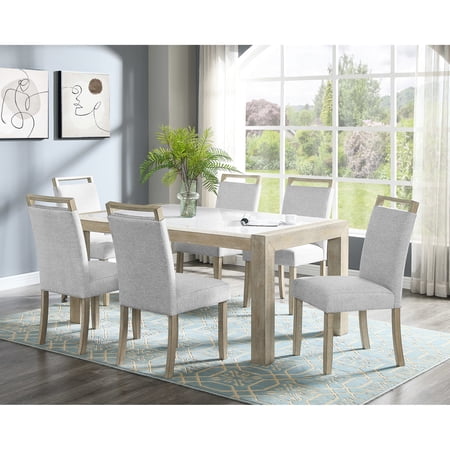 Modern 7pc dining set including a white marble rectangular table and full-back upholstered chairs - Elevate your dining experience