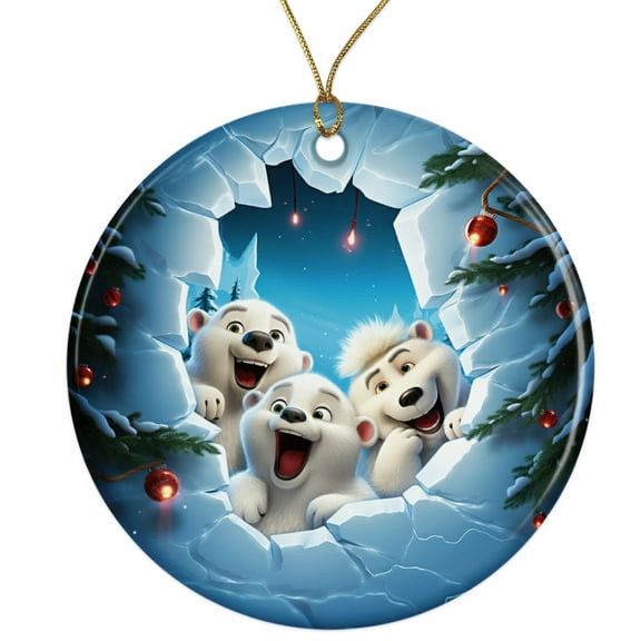 Cute Polar Bear Cartoon Ceramic Ornament - Breakthrough 3D Effect Burst Illusion Kids Ornament - 3 Inch Christmas Tree Round Ornament - Xmas Holiday Decor - String Included - ORNW0072