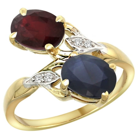 14k Yellow Gold Diamond Natural HQ Ruby & Blue Sapphire 2-stone Ring Oval 8x6mm, sizes 5 - (Best Yellow Sapphire In The World)