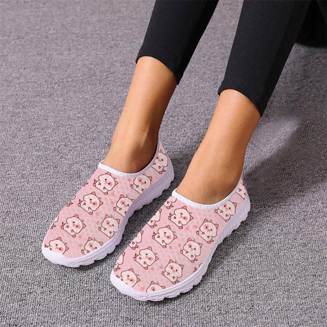 Zapatillas de deporte resistentes al desgaste con diseño de corazón de cerdo rosa kawaii para mujer, para primavera y otoño, para el trabajo al aire libre, de malla, con absorción de impactos, para co