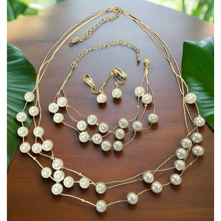 3PC Clip on gold and white pearl necklace, earrings & bracelet set