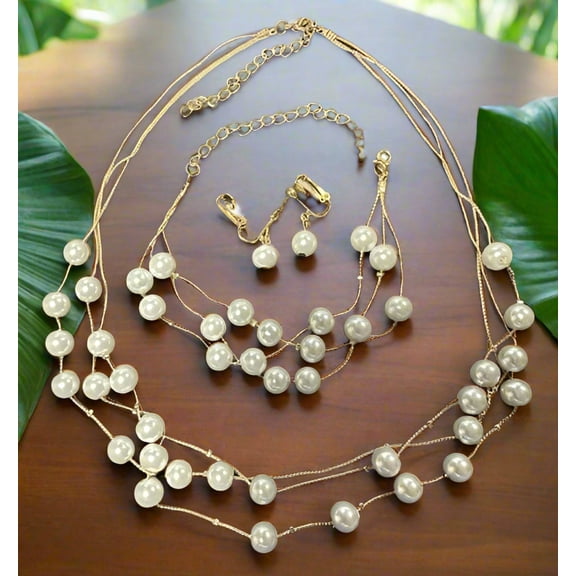3PC Clip on gold and white pearl necklace, earrings & bracelet set