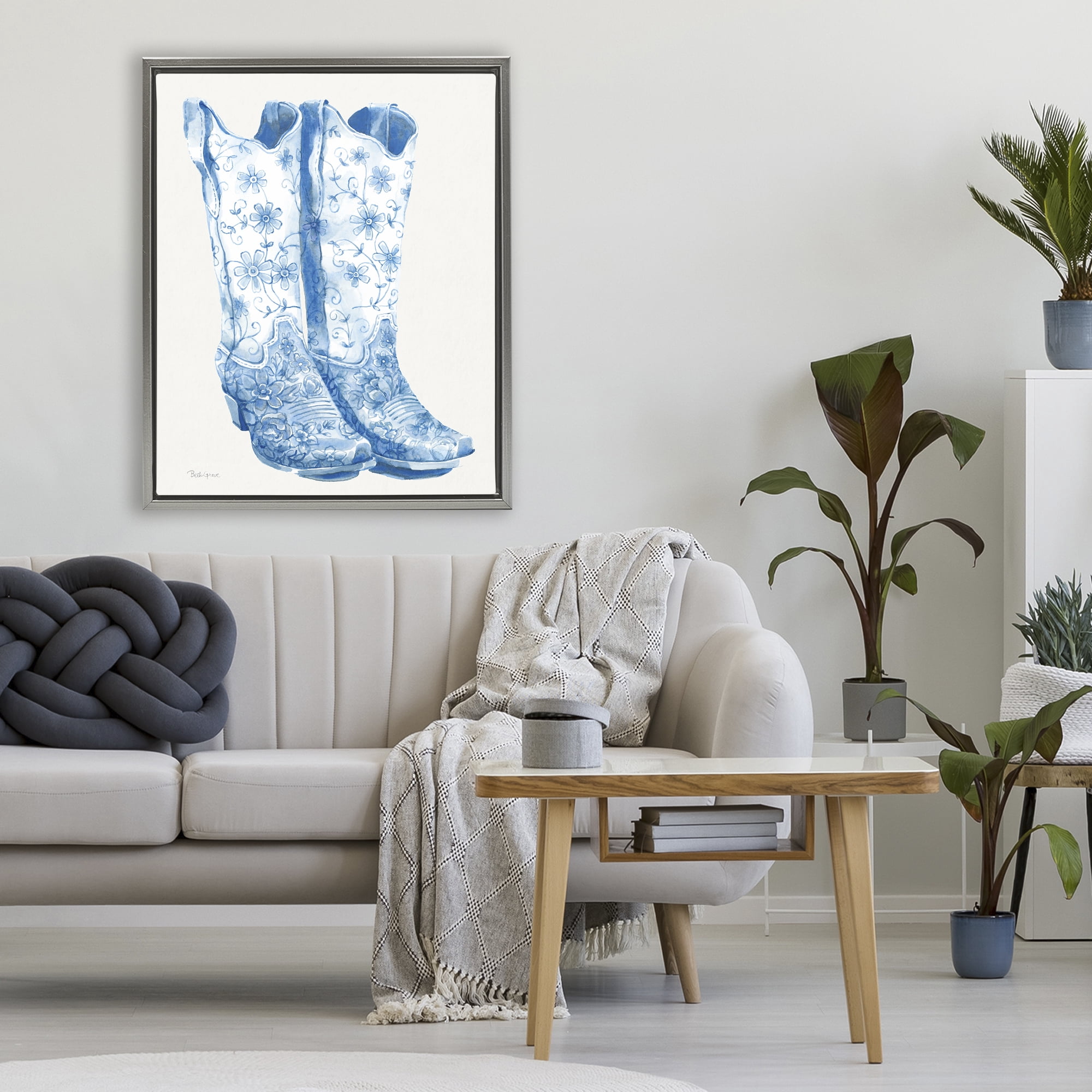 Stupell Industries Blue Boots with Floral Embroidery Gray Framed Floater Canvas Wall Art, design by Beth Grove