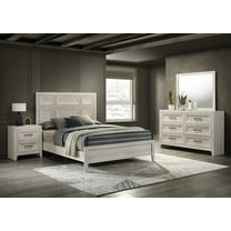 5Pc Off-White Architectural Paneling Queen Bed Dresser Mirror Nightstand Set