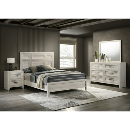 5Pc Off-White Architectural Paneling King Bed Dresser Mirror Nightstand Set