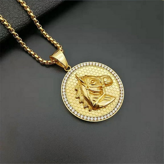 14K Yellow Gold Horse Head Necklace Pendant With Chain And Golden Color Iced Out Bling Hip Hop Jockey Club Round Jewelry