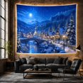 thumbnail image 6 of Snowy Village Under a Full Moon, Peaceful Illustration for Winter Art Lovers, Mountain Landscape Decor, Christmas Gift, Tapestry Wall Hanging for Bedroom and Living Room, 6 of 7
