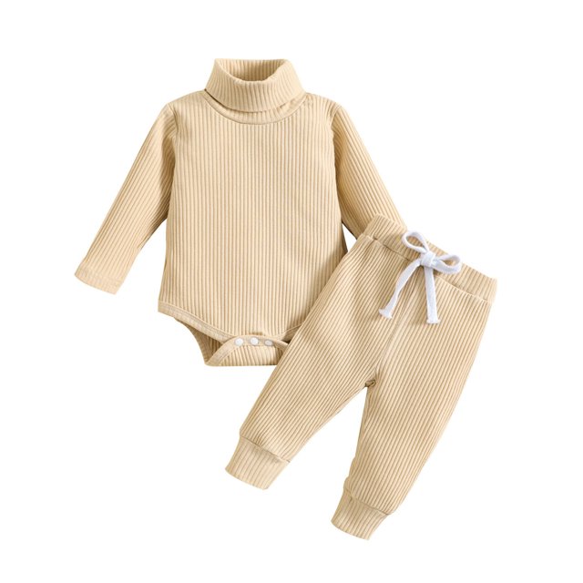 Gibobby Conjunto de ropa para bebé y niño Manga Larga Sólido Acanalado Mono Pantalones Trajes(Beige,3-6 Meses)