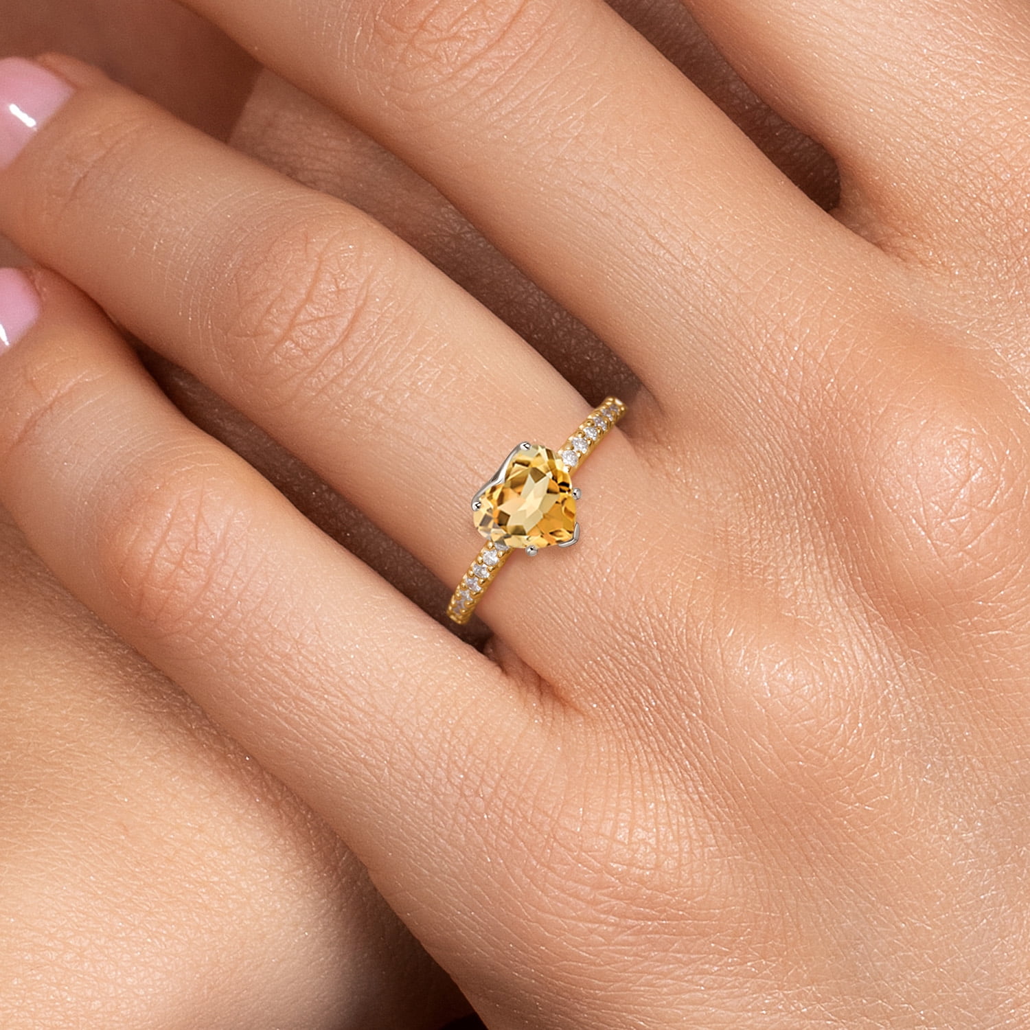 Gem Stone King 14K Two Tone Gold Yellow Citrine and Lab Grown Diamond Engagement Ring for Women | 1.56 Cttw | Heart Shape 8MM | Gemstone November Birthstone | Size 8