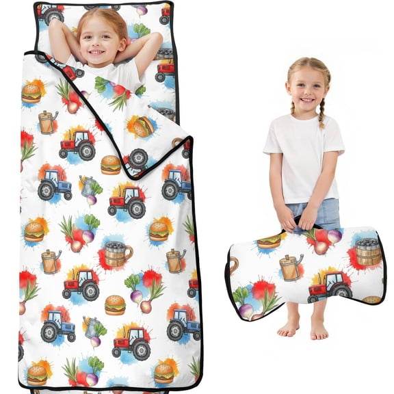 Tractor and Pumpkins Red Pattern Teens Toddler Nap Mat with Pillow, Sleeping Mat Bag for Preschool Daycare 59"x22"