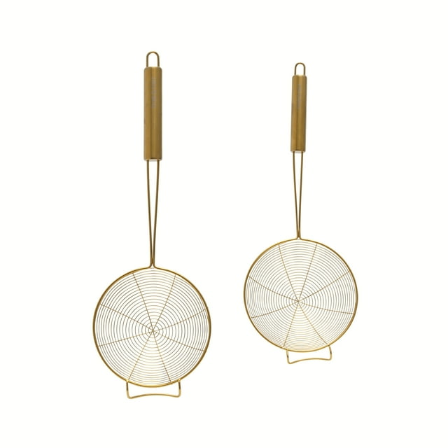 Thyme and Table 2 pack gold-tone wok skimmers with long handles and round wire mesh for straining.