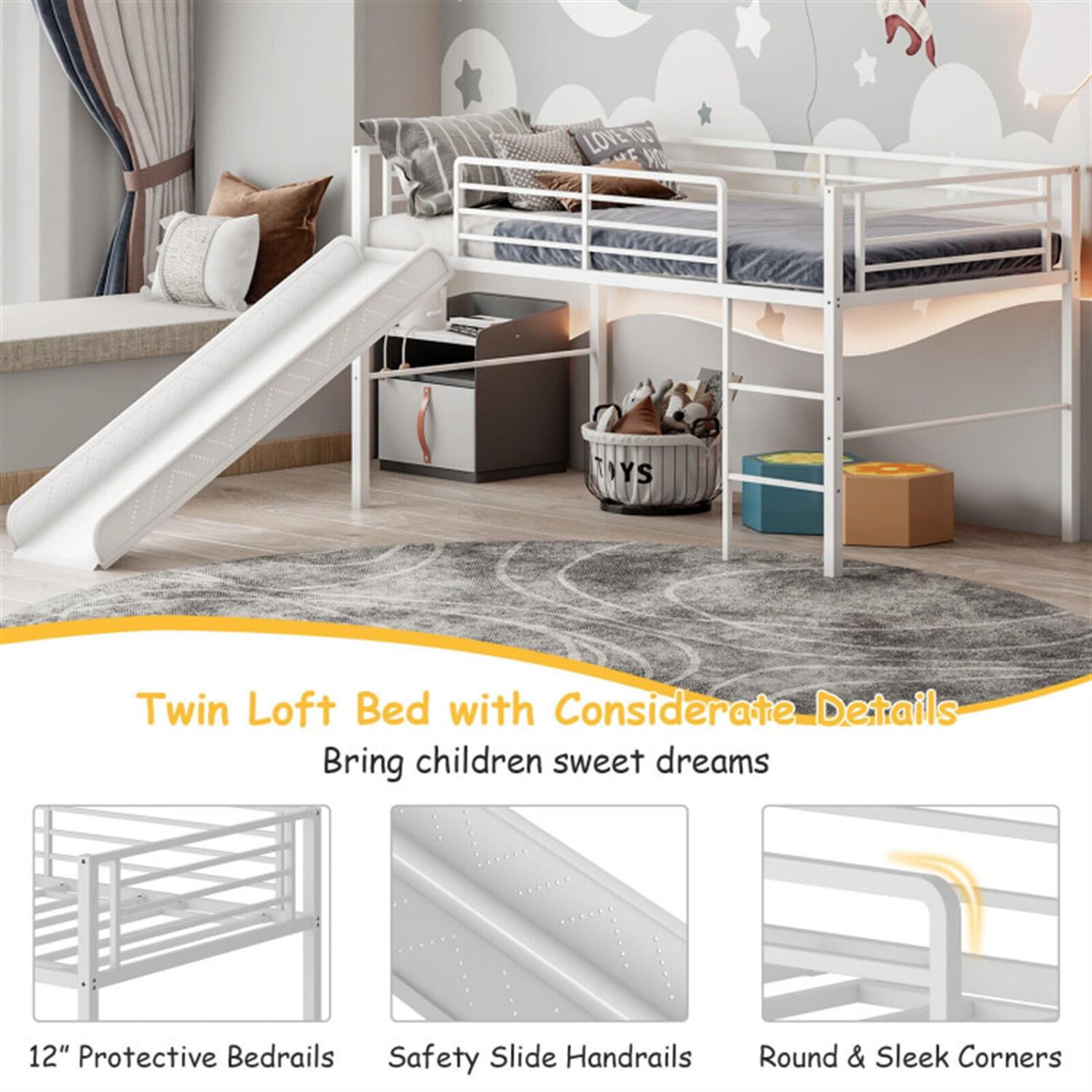Demi Bonn Twin Metal Loft Bed with Slide Safety Guardrails and Built-in Ladder for Teens, White