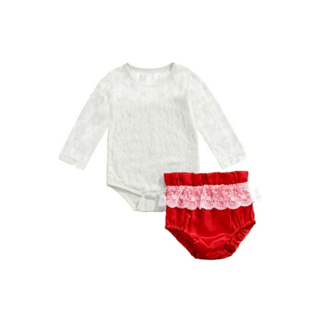 

Canrulo Newborn Baby Girls Clothes Lace Floral Long Sleeve Bodysuit Tops Ruffle Shorts 2Pcs Outfits Red 6-12 Months