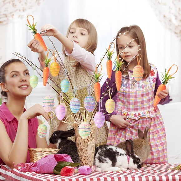 Huevos de Pascua y adornos de zanahoria para decoración | Decoración colgante de plástico para búsquedas de Pascua, rellenos de cestas y artículos para fiestas | Decoración navideña para el hogar