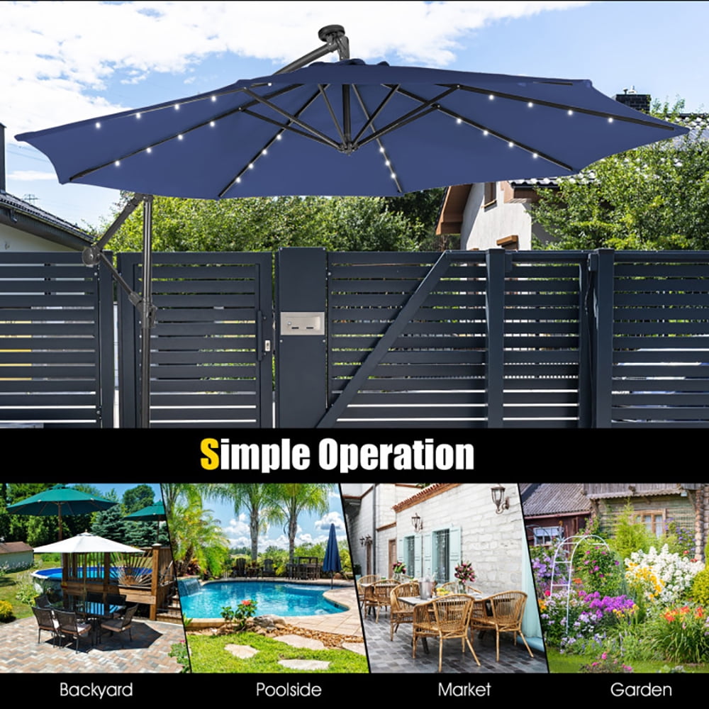 Aimee Lii 10 Feet Patio Solar Powered Cantilever Umbrella with Tilting System, Sunbrella Patio Umbrellas, Navy Aimee Lii 10 Feet Patio Solar Powered Cantilever Umbrella with Tilting System, Sunbrella Patio Umbrellas, Navy