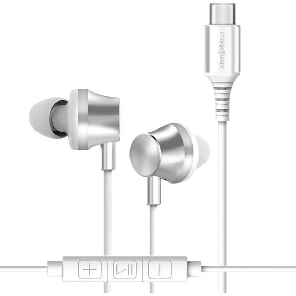 CHARGEWORX Wired Earbuds with USB-C Connector, Corded Earphones with Microphone, Silver