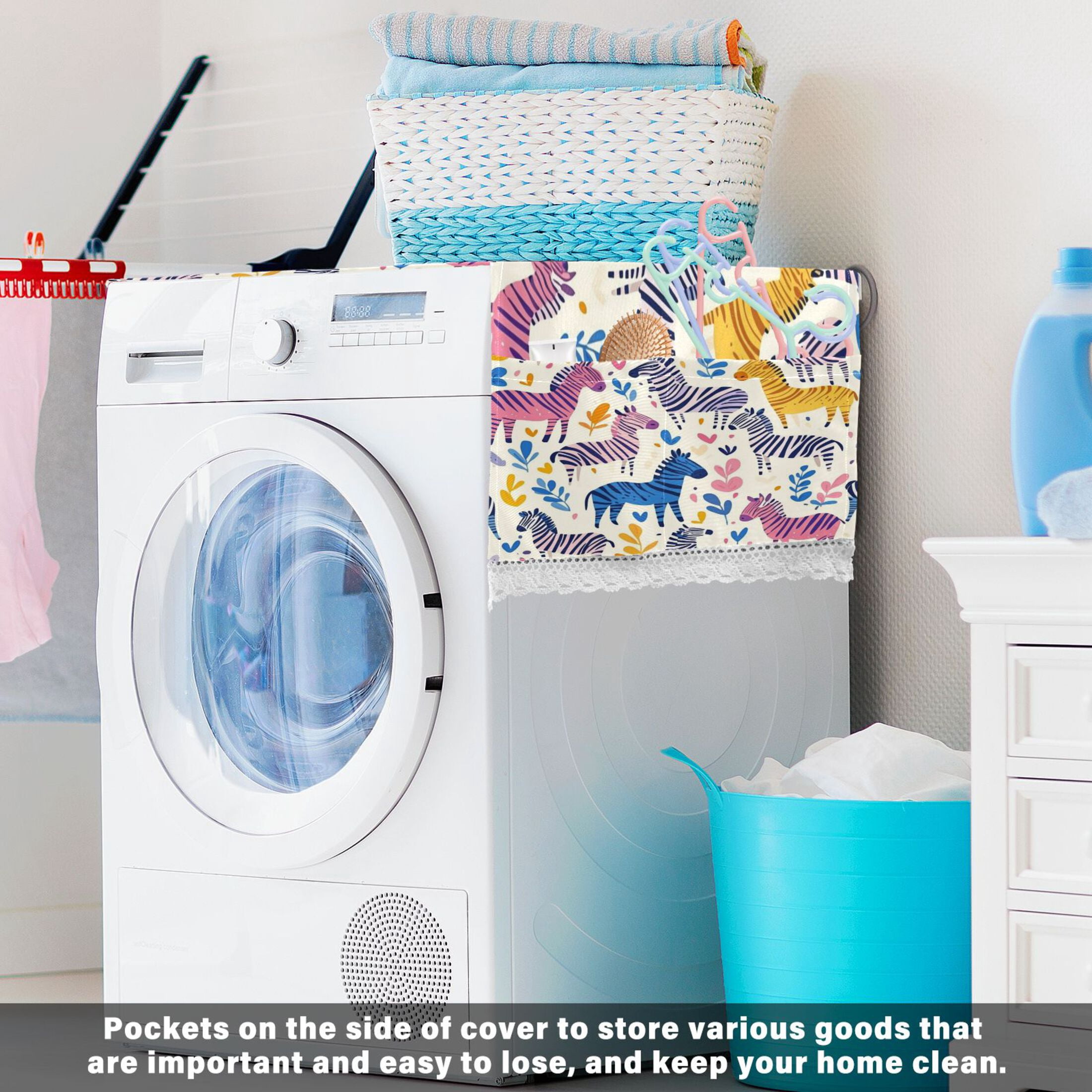 Colorful Lovely ZebraWasher and Dryer Covers Dust-Proof and Oil Resistant Fridge Cover with 4 Storage Pockets Washing Machine Top Cover for Laundry Kitchen Home 51.2 x 22 In