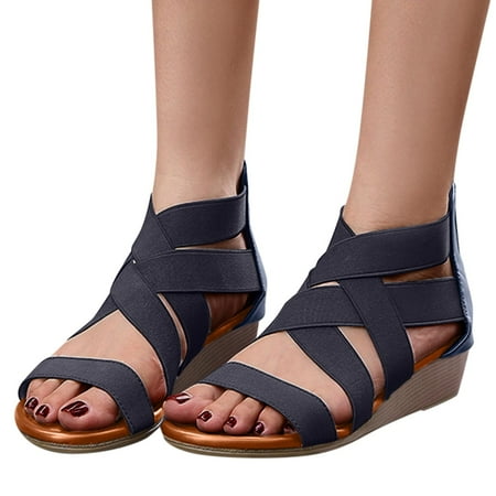 

Women Sandals Mouth Wedge Low Heel Roman Wedge Ladies Fashion Elastic Strap Fish Mouth Breathable Shoes Thick Soled Wedges Casual Sandals