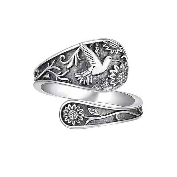 Huchen Spoon Ring Sterling Silver Hummingbird Ring Vintage Antique Spoon Rings Adjustable Thumb Rings for Women 0.98 in