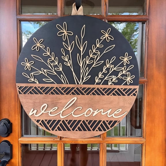 MORAVE 3D Rustic Round Wood Welcome Sign Wreaths, Modern Farmhouse Wall Hanging Decor, All Seasons Holiday Outdoor Porch Fence Decorations for Spring Summer Fall, House Warming Gifts New Home