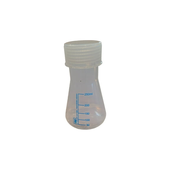 Erlenmeyer Flask Polypropylene, 250ml capacity, with screw cap & graduations up to 250ml x 50ml.