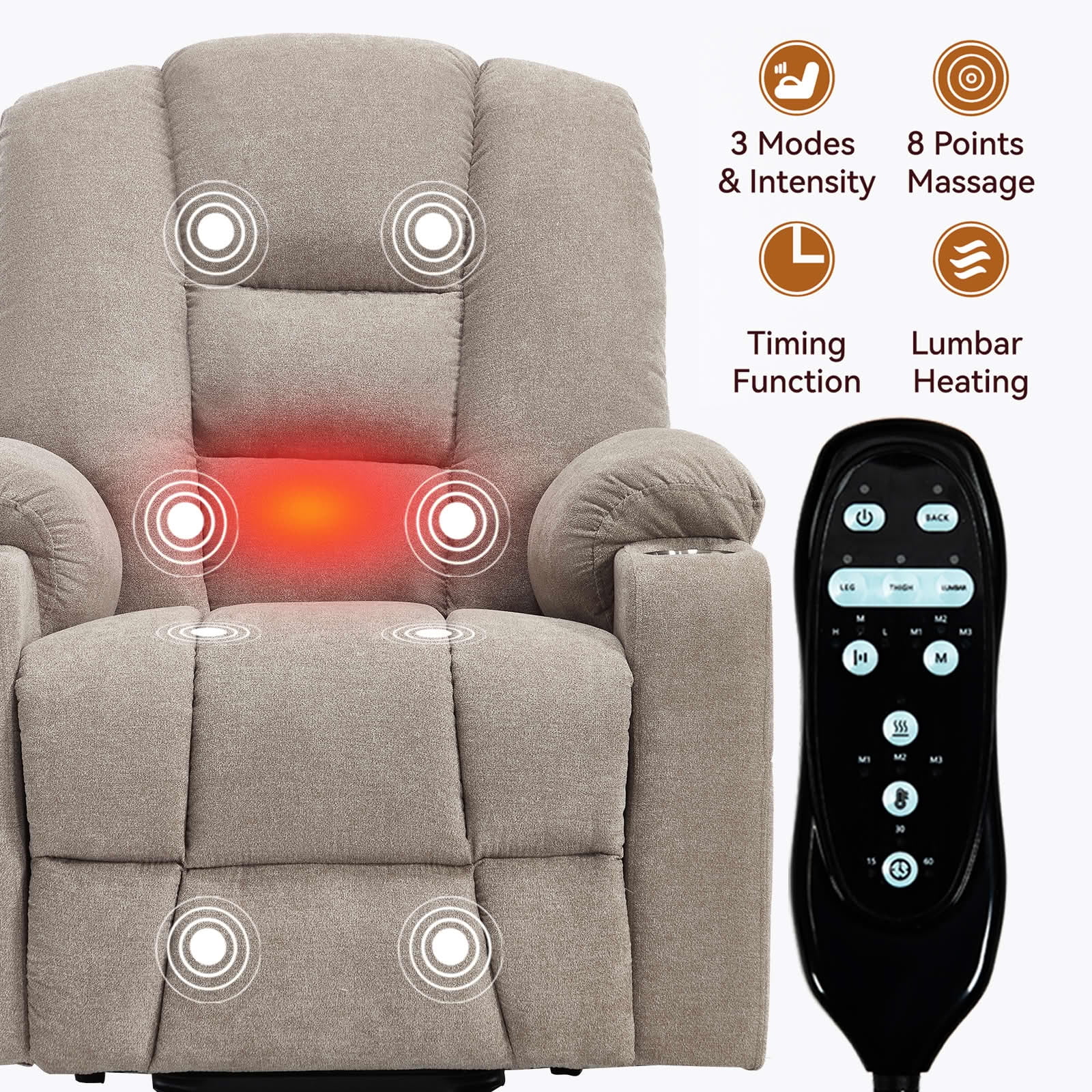 MAYEERTY Khaki Chenille 350lbs Power Lift Recliner, Massage Heat USB-C 34"x39"x42" Wide Overstuffed for Elderly