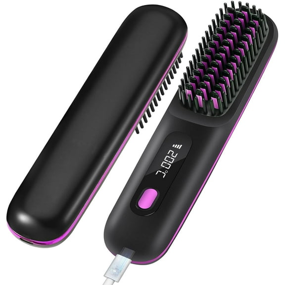 Cordless Hair Straightener Brush with LCD Display, Temperature Adjustable, Portable Mini Hot Comb for Women, Negative Ion Ceramic Coating, Anti-Scald, Travel-Friendly Hair Styler