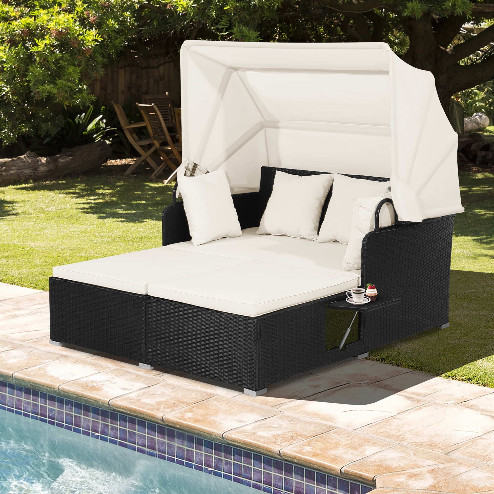 Costway Patio Rattan Daybed Lounge Retractable Top Canopy Side Tables Cushions Red