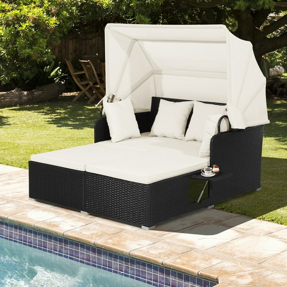 Gymax Patio Hand-Woven PE Wicker Daybed Outdoor Loveseat Sofa Set w/ Off White Cushions