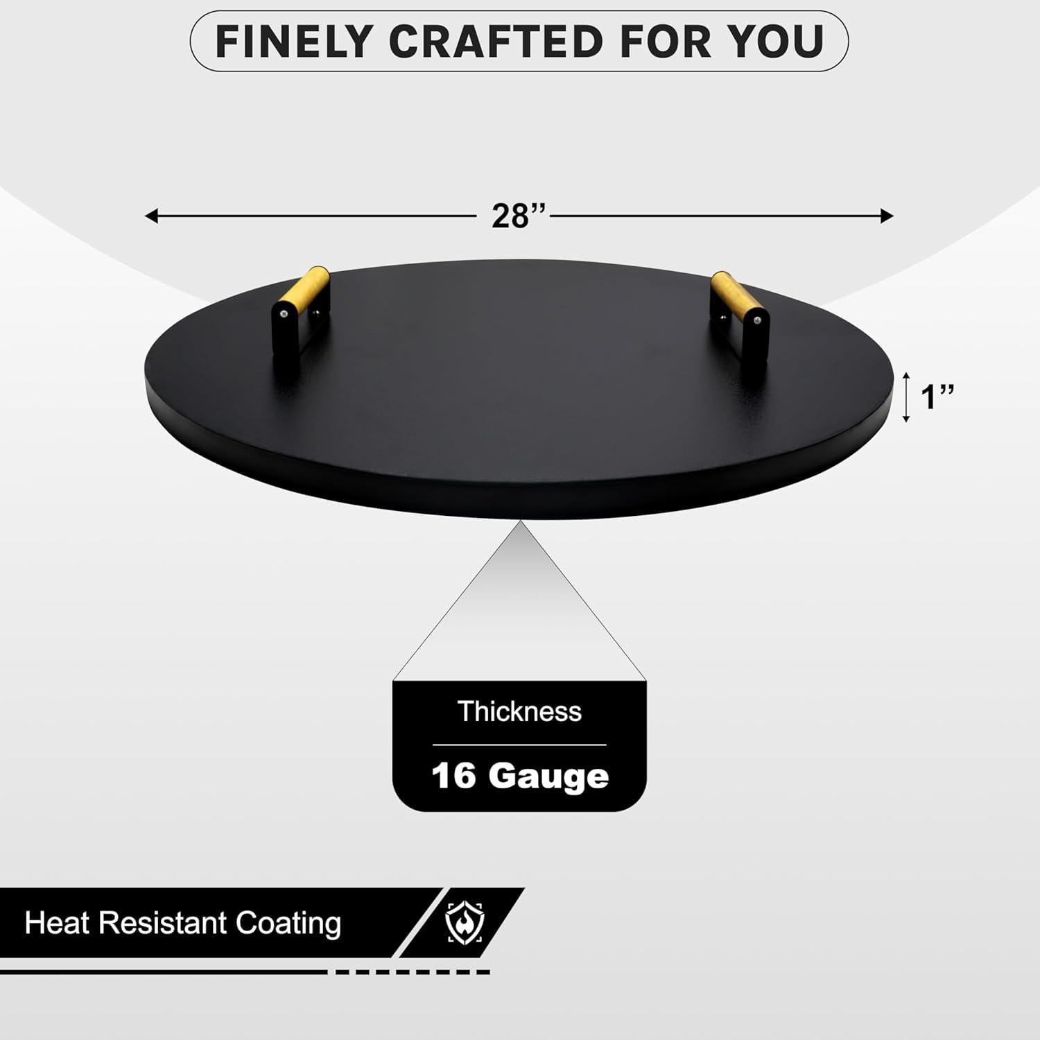 28” Round Fire Pit Lid – Heat Resistant fire pit cover round metal for Outdoor Fireplace -16 Gauge Steel Flat Fire Pit Burner Pan Cover with 2 Wooden Handles Snuffer Lid for Patio FirePit Ring