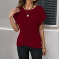thumbnail image 2 of MIXUE Boho Tops For Women Summer Knitted Solid Color Round Neck Short Sleeve Casual Basic Pullover Shirts For Women T-shirts Activewear,Red,M, 2 of 6