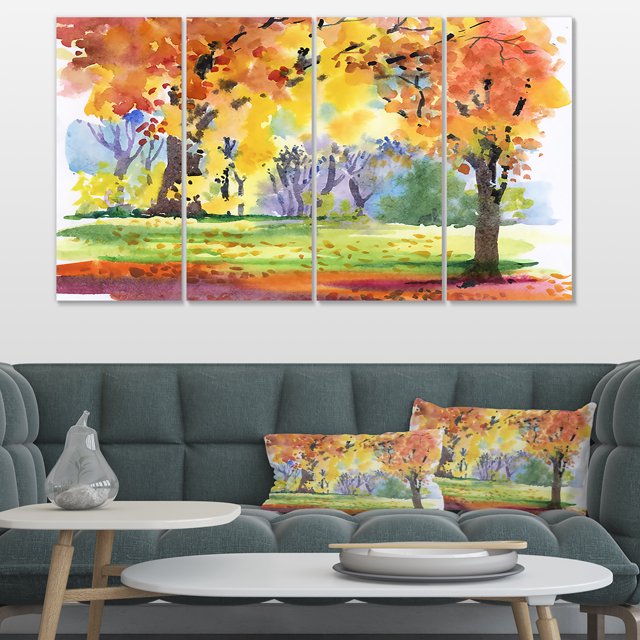 Automne Parc Arbres Jaunes Aquarelle - Impression sur Toile Paysage