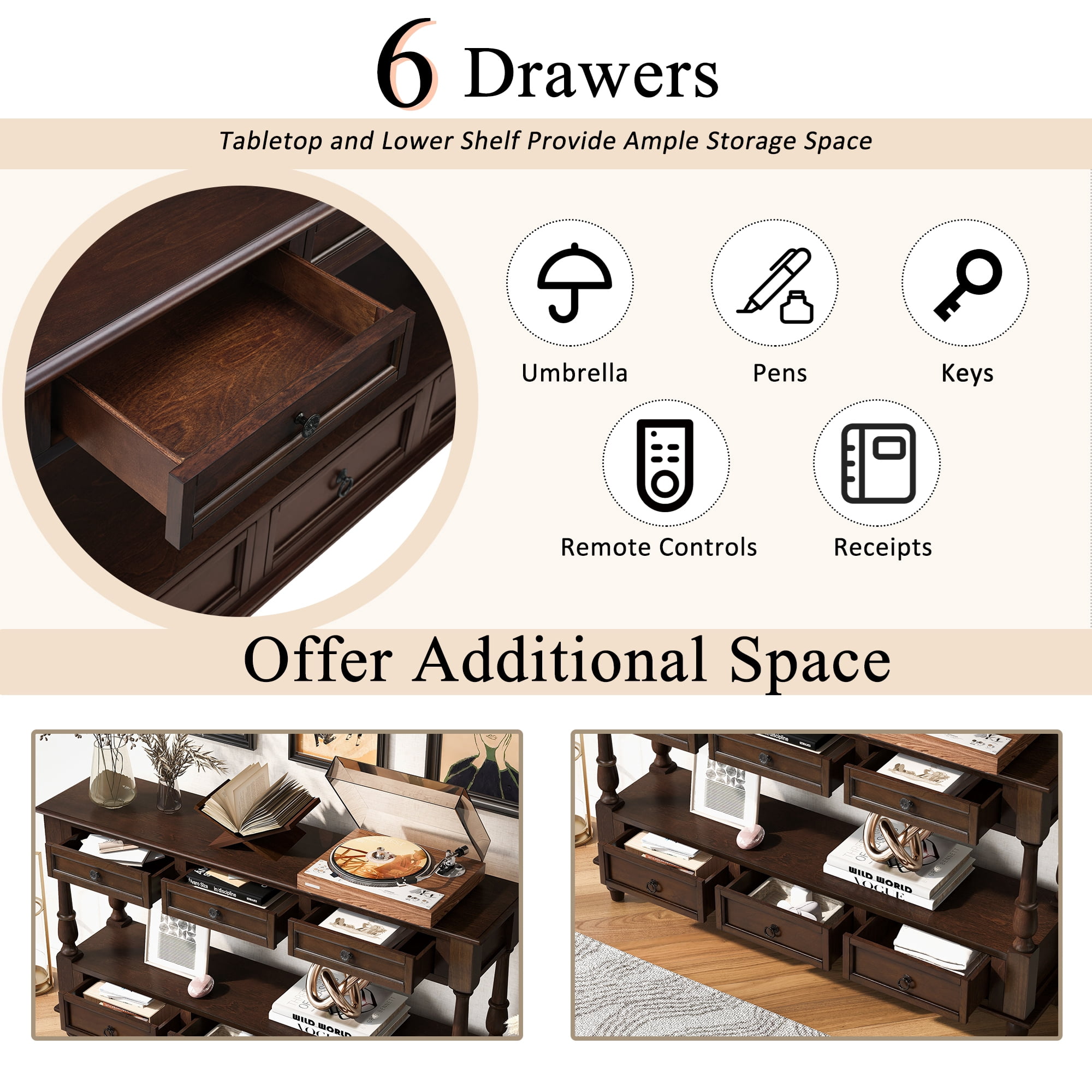 BFJDM 54" Solid Wood Farmhouse Console Table, Espresso with 6 Drawers Storage Shelf for Living Room Hallway