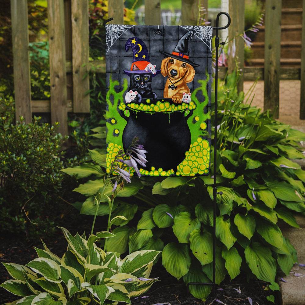 Carolines Treasures AMB1434GF Brewing up Trouble Halloween Dachshund Flag Garden Size  Small multicolor
