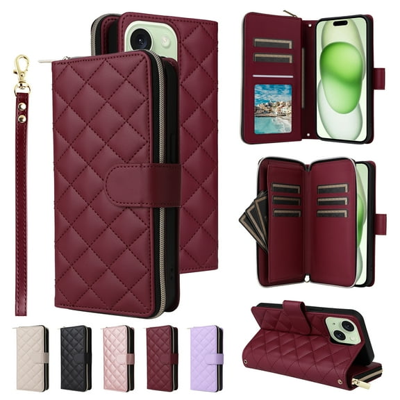 Compatible for iPhone 13 Wallet Case, Crossbody Strap PU Leather Folio Phone Cover, Zipper Handbag Purse with Card Holder Lanyard Flip Stand for iPhone 13, Winered