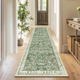 thumbnail image 4 of MJIAexp 2'x6' Boho Runner Rug,Non Slip Washable Floral Hallway Runner Rug with Rubber Backing, Low Pile Faux Wool Distressed Carpet for Kitchen, Laundry, Bedroom, Entrance,Green, 4 of 8