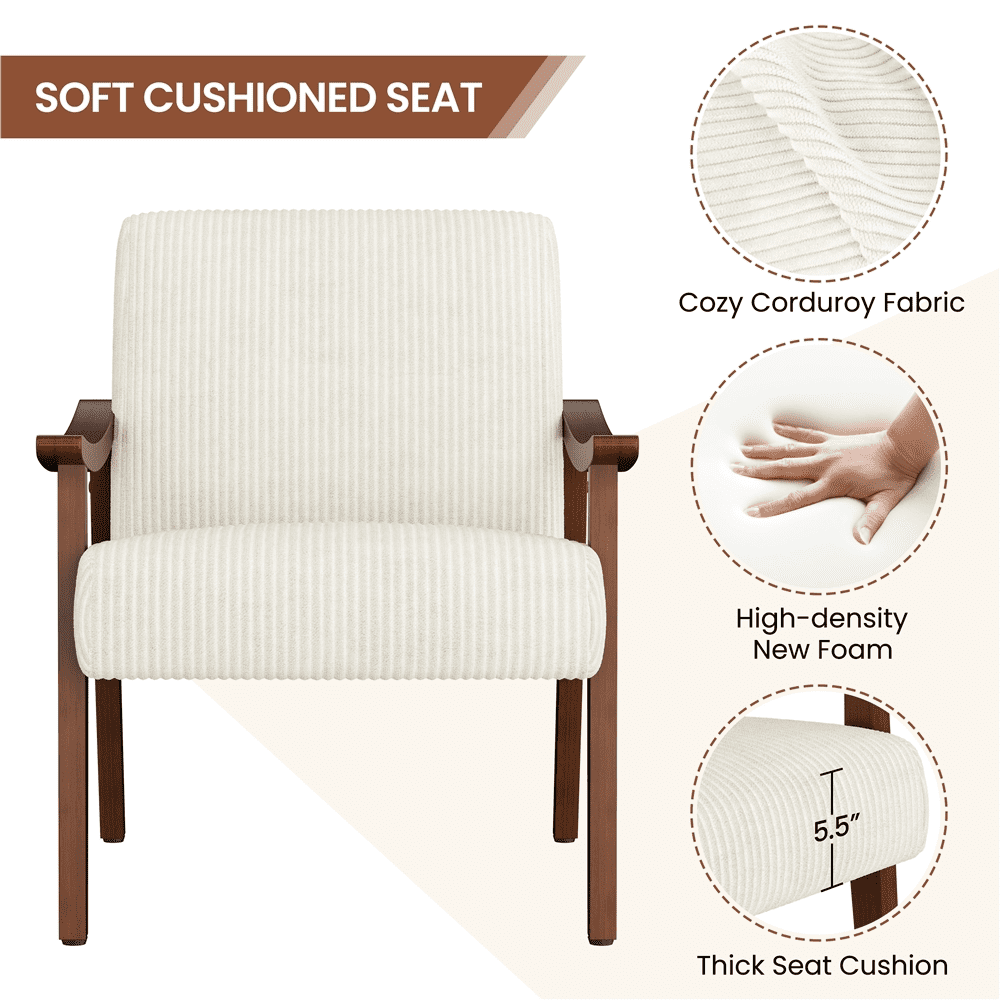Renwick Mid-Century Modern Corduroy Fabric Armchair with Solid Wood Legs, Beige
