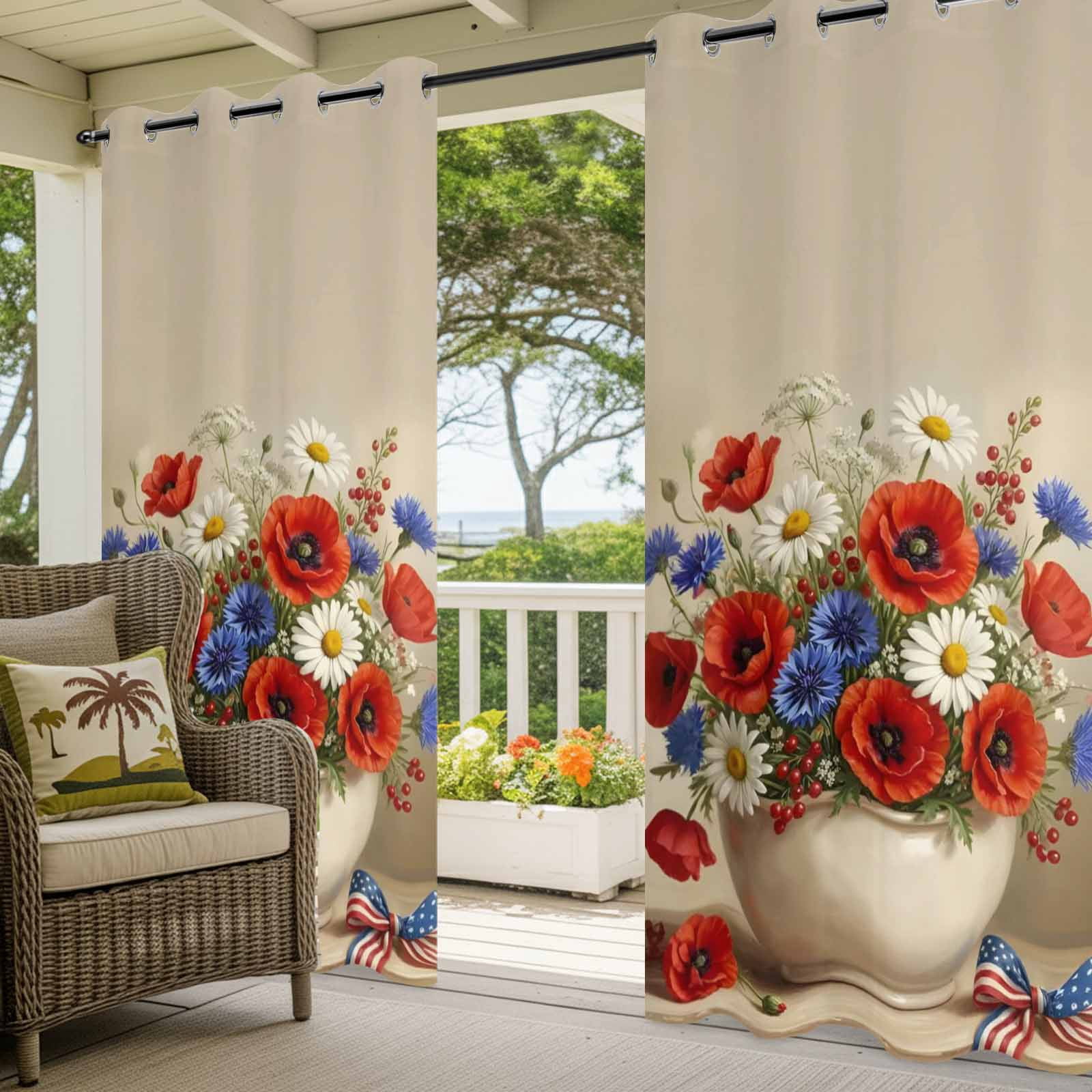 Independence Day Outdoor Curtains for Patio, Summer Red Blue White Floral Vase Sunshade Privacy Drapes Grommet Waterproof Outside Curtains for Porch/Cabana/Balcony 54"x 108", 1 Panel