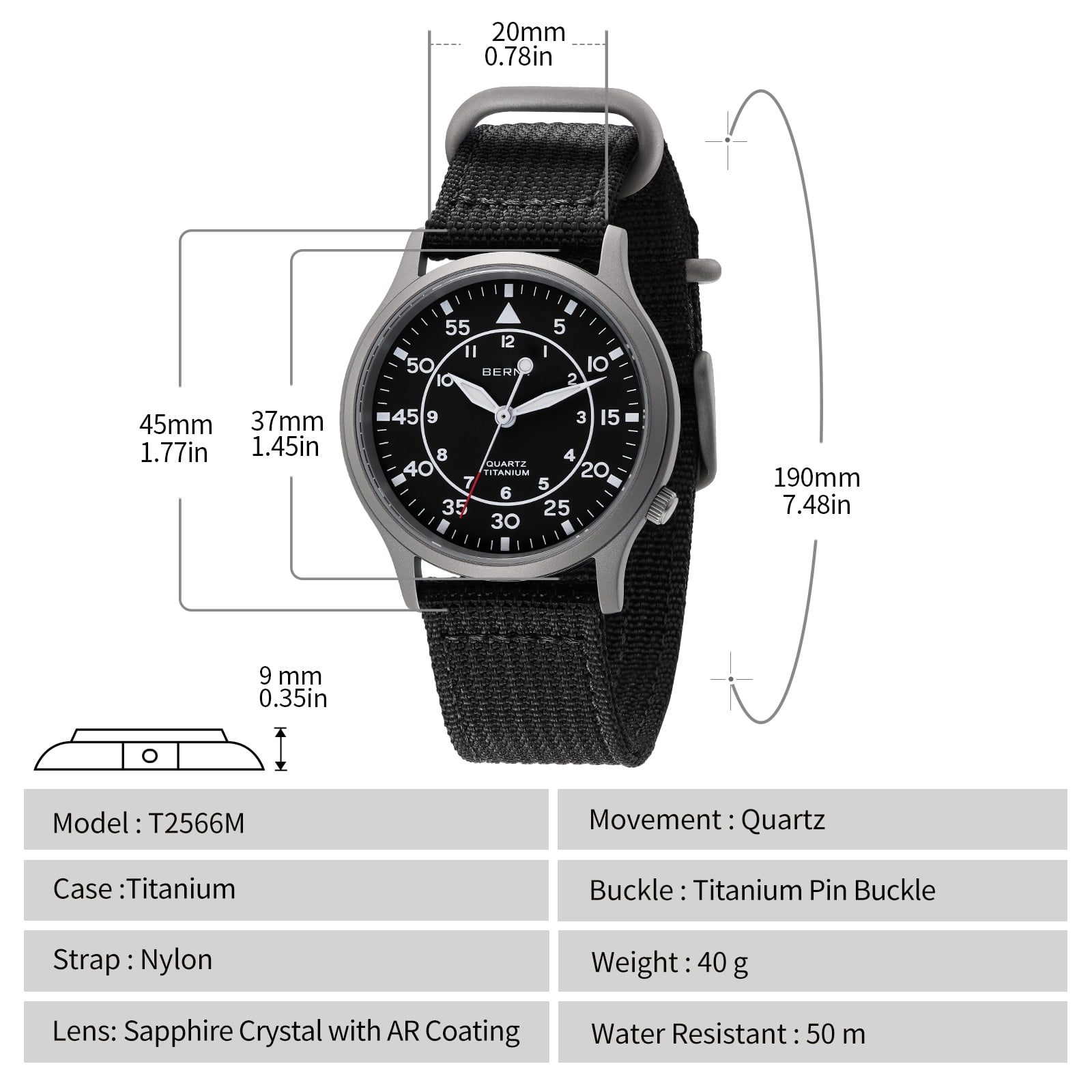 BERNY Titanium Watches for Men, Sport Military Men Watch with Canvas Strap, Japanese Quartz Movement, Super Luminous, Fashion Men's Field Watch, Casual 5ATM Waterproof Army Wristwatch, Black