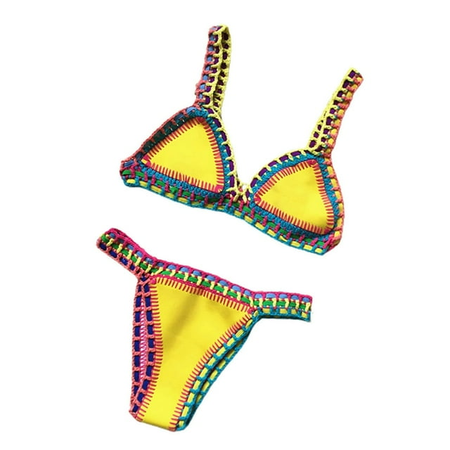 2 Pcs/Set Bathing Suit Bright Color Patchwork Handmade Crochet Women Swimsuit for Beach