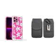 thumbnail image 1 of Case and Pouch Bundle for iPhone 14: Heavy Duty Armor Rugged Case (White Flowers on Pink) and Vertical Nylon Fabric Belt Holster (Grey), 1 of 9