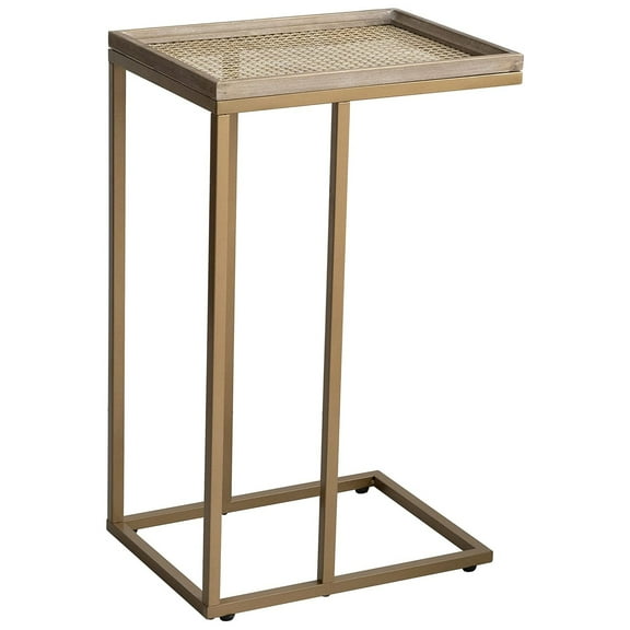 COZAYH Farmhouse C Table Couch Metal End Table with Woven Pattern Tray Top, Gold