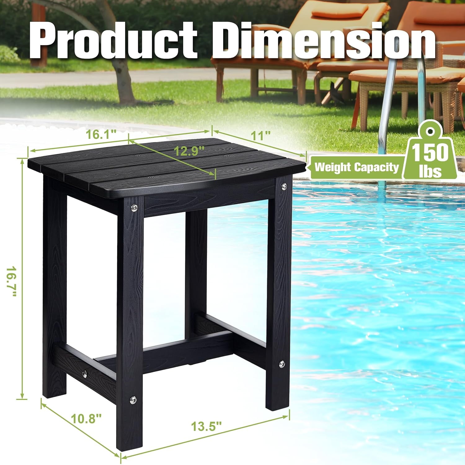 Y&M Outdoor Side Table, HDPE Patio End Table for Adirondack Chair, Weather Resistant Small Accent Table, Black, 2 Pack