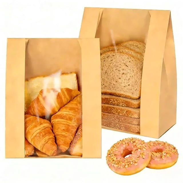 ZENFUN 100 Pack Paper Bread Bags, Sourdough Bread Bags with Clear Window & Stickers, Waterproof & O