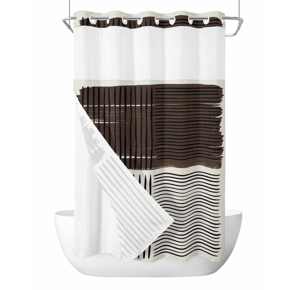 No Hook Shower Curtain with Snap-in Liner, Black Striped Waterproof Fabric Bathroom Curtains, Farmhouse Stripes Modern Abstract Art Bath Curtains & Mesh Top Window Stand Up Stall 36"x72"