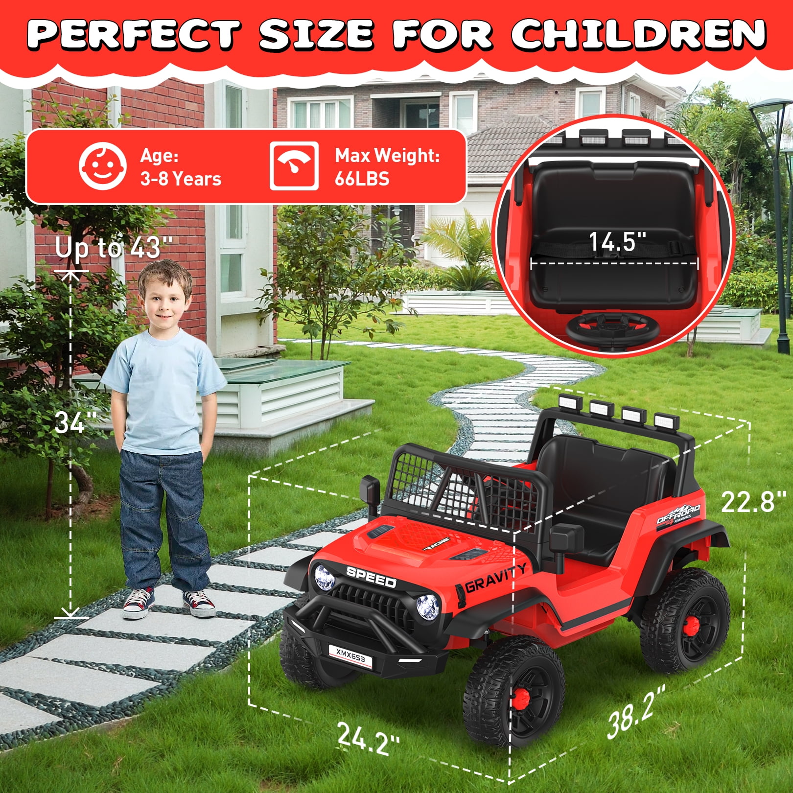 Funcid 12 Volt Ride on Toys for Toddlers Ride on Cars with Remote Control, Battery Powered Ride on Truck Car w/ Bluetooth Music, LED Lights, Spring Suspension, 3 Speeds, Red