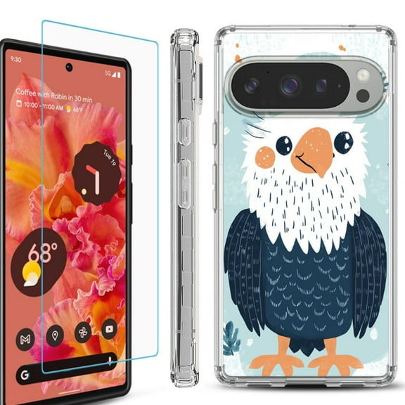 For Google Pixel 9 / 9 Pro Phone Case Cover, Shockproof Bumper Case with Tempered Glass Screen Protector, by OneToughShield - Eagle Smile