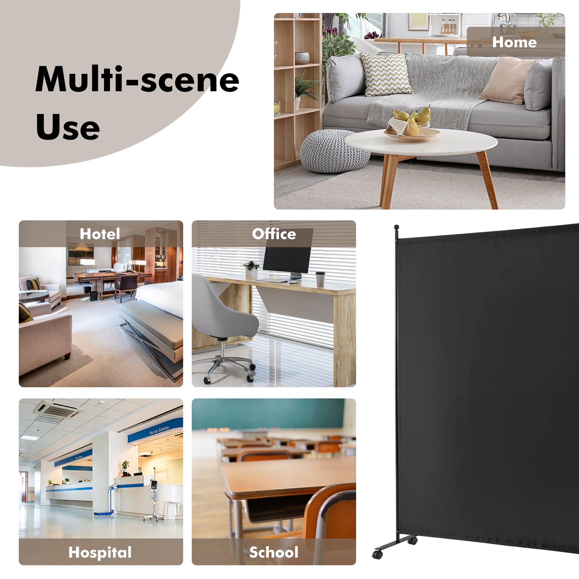Costway 6FT Single Panel Room Divider with Wheels Rolling Fabric Partition Privacy Screen Black