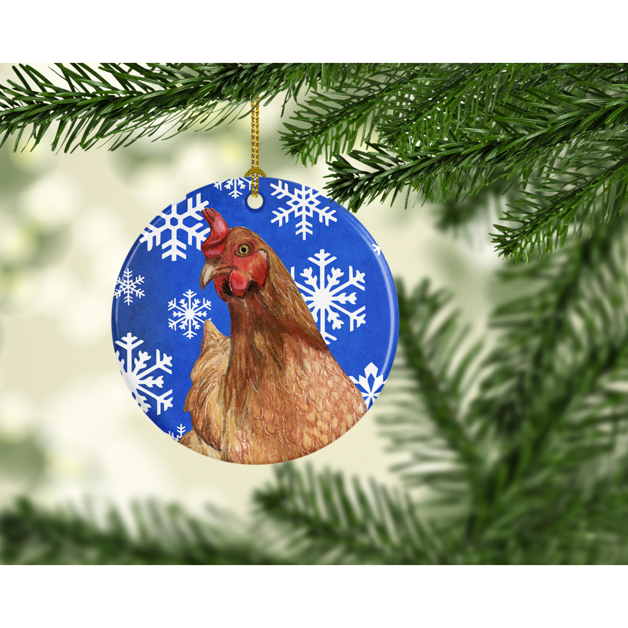 Chicken Winter Snowflakes Holiday Ceramic Ornament